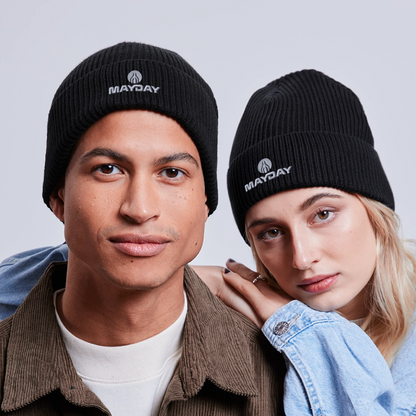 MAYDAY Rocket & Logo Beanie - weißer Stick - Schwarz